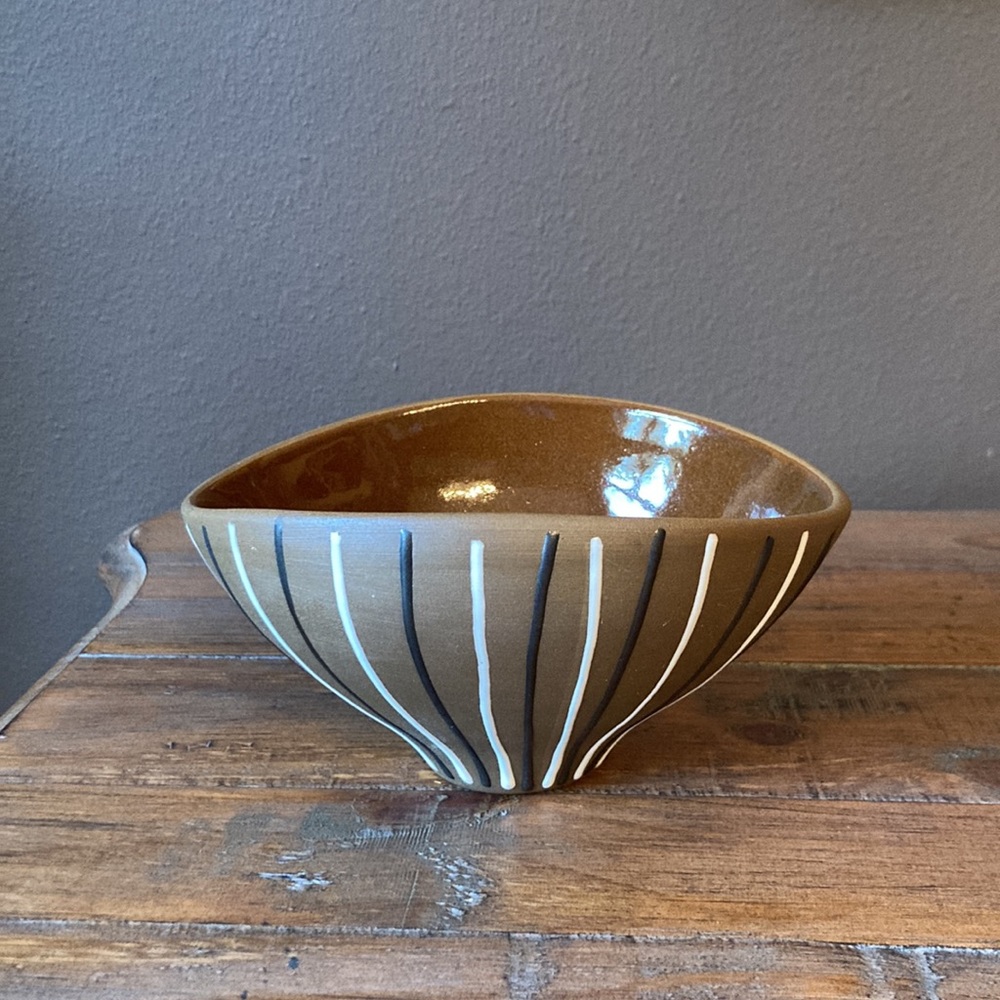 Jonathan Adler Brown Pottery Bowl with Black and White Stripes